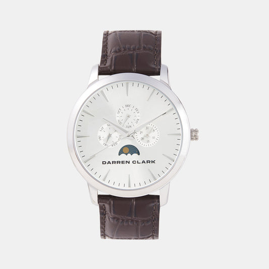 Men Quartz Silver Dial Multi-Function Leather Watch 1012H-L0103