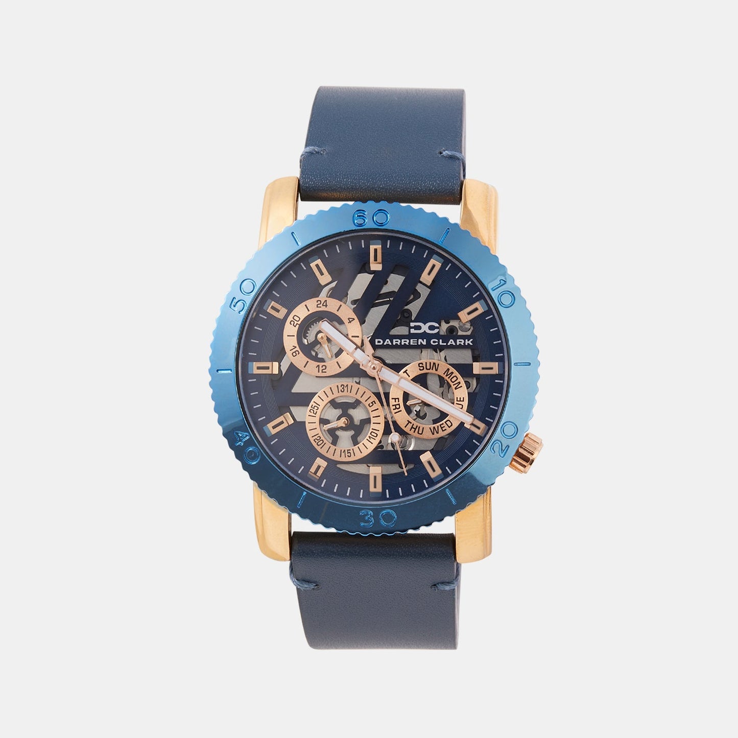 Men Quartz Blue Dial Multi-Function Leather Watch 1011G-L0305