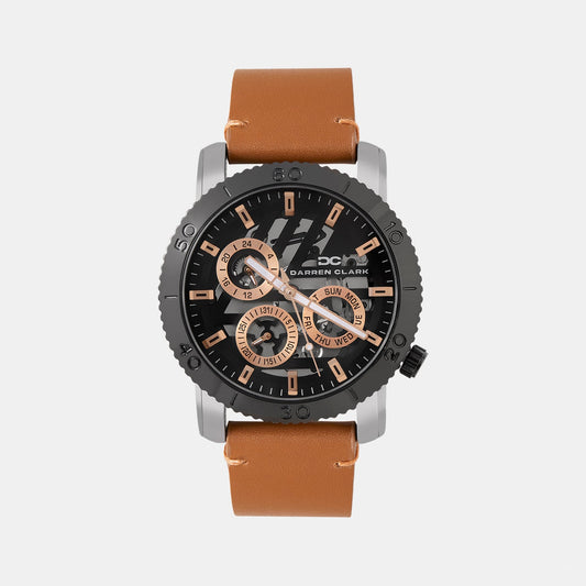 Men Quartz Black Dial Multi-Function Leather Watch 1011R-L0404