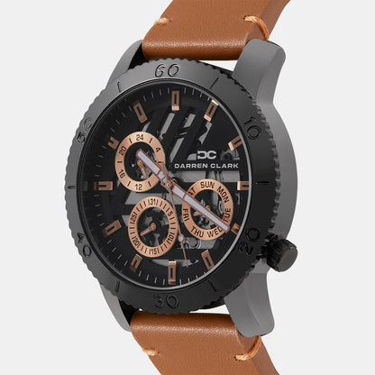Men Quartz Black Dial Multi-Function Leather Watch 1011R-L0404