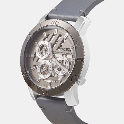 Men Quartz Grey Dial Multi-Function Leather Watch 1011I-L0115